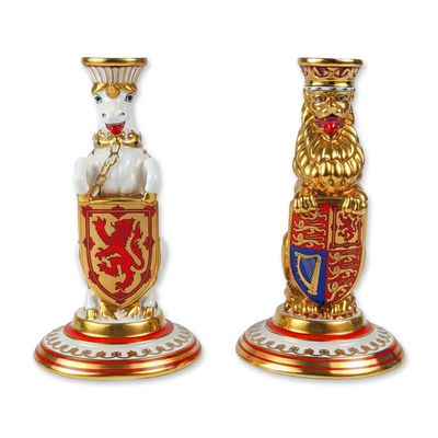 Sale Photo Thumbnail #314: Pair of Minton Silver Jubilee Queen's Beasts Candlestick