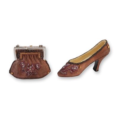 Sale Photo Thumbnail #200: 2pc Miniature High-Heeled Shoe and Matching Handbag Figurines