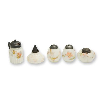 Sale Photo Thumbnail #63: 5 Mt. Washington Milk Glass Shakers & Cruet Hand-Painted Ribbed/Egg