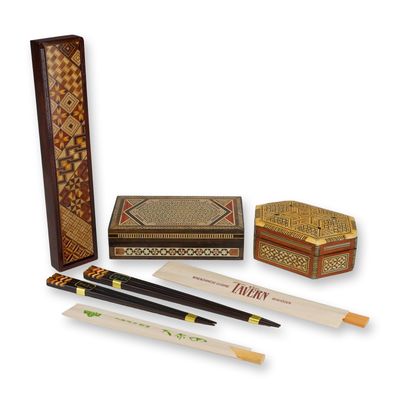 Sale Photo Thumbnail #450: 3pc Inlay Wooden Jewelry Boxes and Chopsticks Set