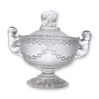 Sale Photo Thumbnail #379: Sowerby Pressed Glass Covered Candy Dish with Cat Finial and Dog Handles