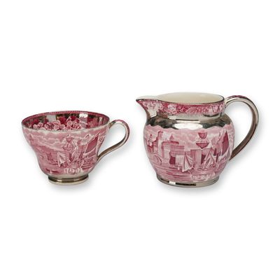 Sale Photo Thumbnail #392: Two-Piece Wedgwood & Barlaston Ferrara Pink Transferware Set, Cup and Creamer Jug