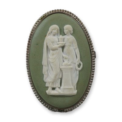 Sale Photo Thumbnail #154: Wedgwood Sage Green Jasperware and Sterling Silver Neoclassical Oval Brooch