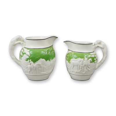 Sale Photo Thumbnail #396: 2pc Wedgwood Earthenware Hunt Pattern Pitcher Set with Hound Handles