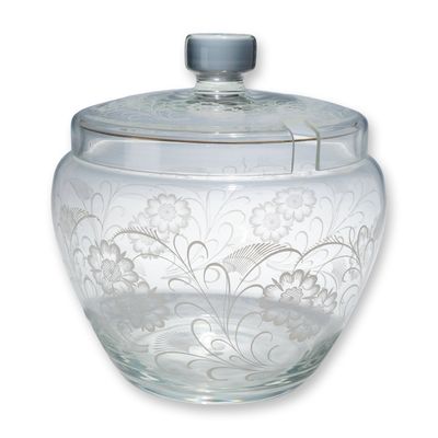 Sale Photo Thumbnail #64: Engraved Glass Lidded Punch Bowl with Gilt Rim