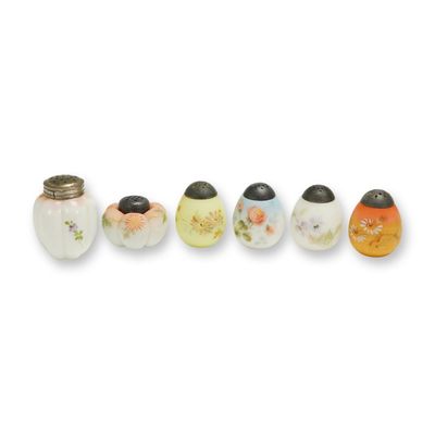 Sale Photo Thumbnail #214: A Collection of Six Mt. Washington Enameled Art Glass Salt Shakers