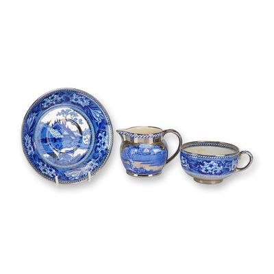 Sale Photo Thumbnail #418: 3pc Wedgwood Fallow Deer Blue Transferware and Silver Luster Teacup, Saucer, and Bowl