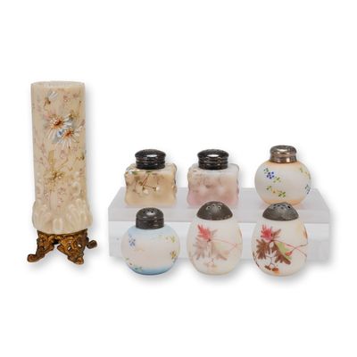 Sale Photo Thumbnail #363: A Collection of Seven Hand-Painted Milk Glass Footed Vase and Salt Shakers