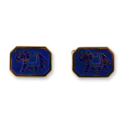 Sale Photo Thumbnail #308: A Pair of Wedgwood Gold-Toned and Blue Enamel Elephant Motif Cufflinks