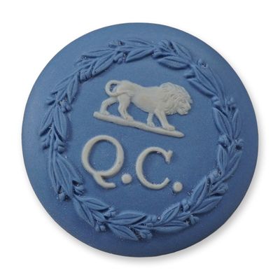 Sale Photo Thumbnail #307: Wedgwood Blue Jasperware Pin with Lion Passant and Q.C. Motif