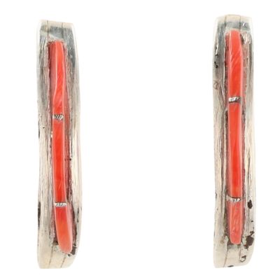 Sale Photo Thumbnail #18: Kent Lonjose Zuni Sterling Coral Inlay Earrings