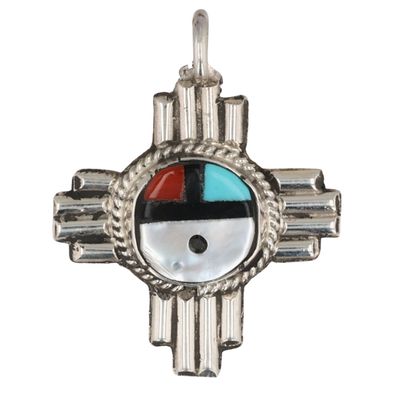 Sale Photo Thumbnail #221: Clifford Cheama Zuni Sterling Multi-Stone Inlay Sunface Pendant