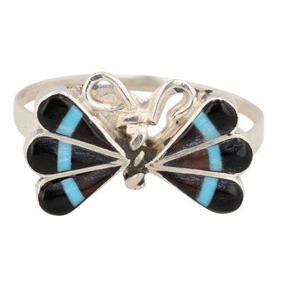 Sale Photo Thumbnail #524: Ken Yatsattie Zuni Sterling Multi-Stone Inlay Butterfly Ring Sz 7