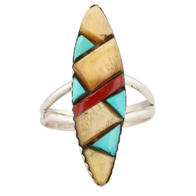 Sale Photo Thumbnail #312: Vintage Navajo Sterling Multi-Stone Inlay Ring Sz 4.5