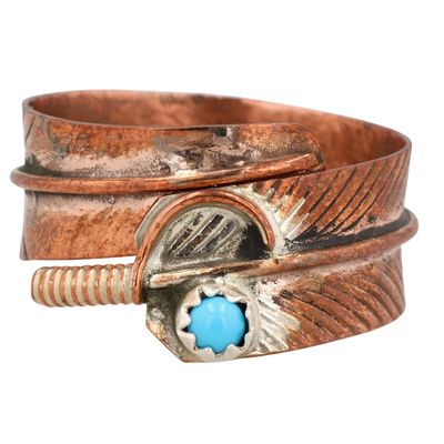 Sale Photo Thumbnail #487: Aaron Davis Navajo Copper Kingman Turquoise Feather Adjustable Ring