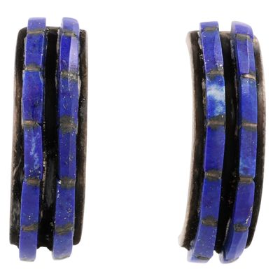 Sale Photo Thumbnail #496: Signed Zuni Sterling Lapis Lazuli Inlay Curved Earrings