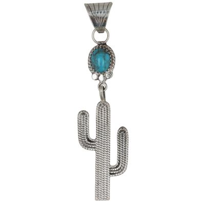 Sale Photo Thumbnail #345: Sharon McCarthy Navajo Sterling Kingman Turquoise Cactus Pendant