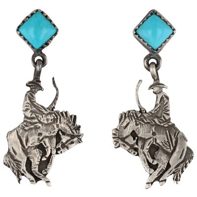 Sale Photo Thumbnail #187: Annie Spencer Navajo Sterling Kingman Turquoise Cowboy Earrings
