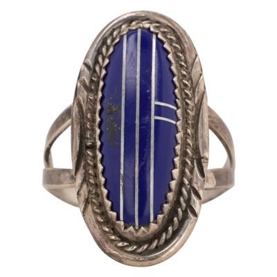 Sale Photo Thumbnail #495: Herman Lee Navajo Sterling Lapis Lazuli Inlay Ring Sz 6.75