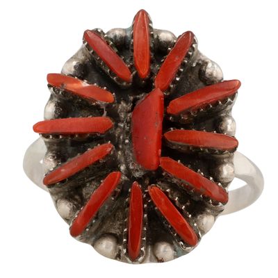 Sale Photo Thumbnail #349: George Peina Zuni Sterling Coral Needlepoint Ring Sz 8