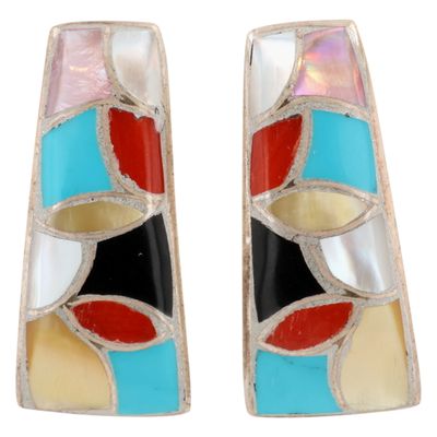 Sale Photo Thumbnail #588: Danny Seoutewa Zuni Sterling Multi-Stone Fish Scale Inlay Earrings