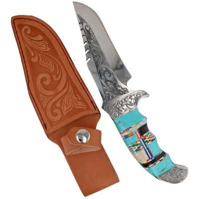 Sale Photo Thumbnail #300: Southwest Multi-Stone Engraved Knife & Leather Sheath
