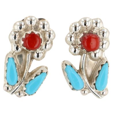 Sale Photo Thumbnail #314: Erva Quam Zuni Sterling Turquoise Coral Flower Earrings