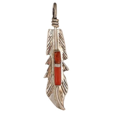 Sale Photo Thumbnail #483: Allen Barney Navajo Sterling Coral Inlay Feather Pendant