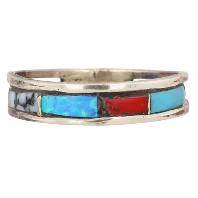 Sale Photo Thumbnail #332: Debbie Livingston Navajo Sterling Multi-Stone Inlay Ring Sz 8