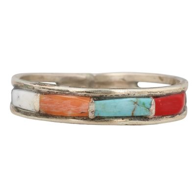 Sale Photo Thumbnail #347: Debbie Livingston Navajo Sterling Multi-Stone Inlay Ring Sz 7.75