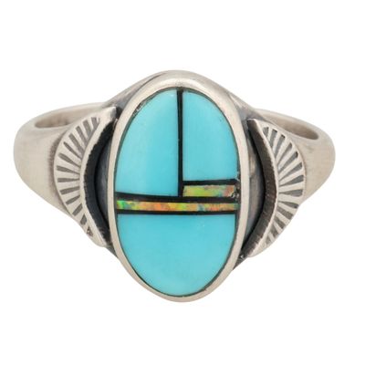 Sale Photo Thumbnail #523: Southwest Sterling Multi-Stone Inlay Ring Sz 8.5