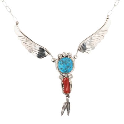 Sale Photo Thumbnail #590: Margie Chee Navajo Sterling Coral Turquoise Feather Necklace