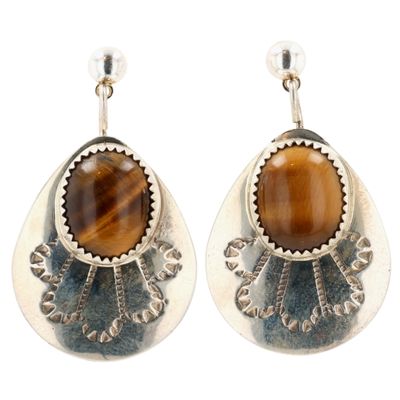 Sale Photo Thumbnail #465: Brenda Pete Navajo Sterling Tiger's Eye Stamped Earrings