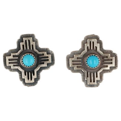 Sale Photo Thumbnail #448: Kenny Lonjose Navajo Sterling Kingman Turquoise Zia Earrings