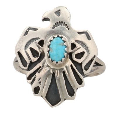 Sale Photo Thumbnail #146: Genevieve Francisco Navajo Sterling Kingman Turquoise Thunderbird Ring Sz 7.75