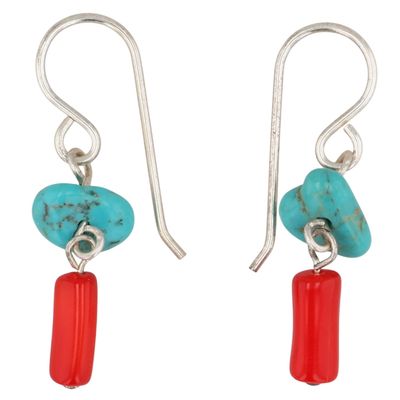 Sale Photo Thumbnail #219: Southwest Sterling Coral Turquoise Dangle Earrings
