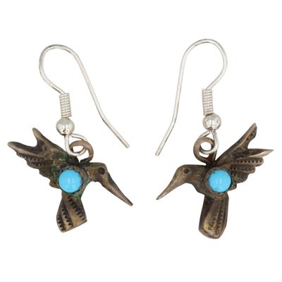 Sale Photo Thumbnail #393: Tonya Yazzie Navajo Sterling Kingman Turquoise Hummingbird Earrings
