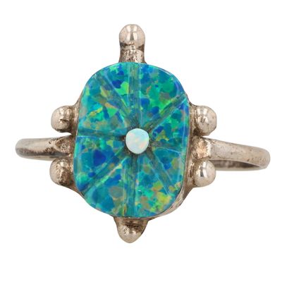 Sale Photo Thumbnail #388: Sarah Bowannie Zuni Sterling Opal Turtle Ring Sz 7.25