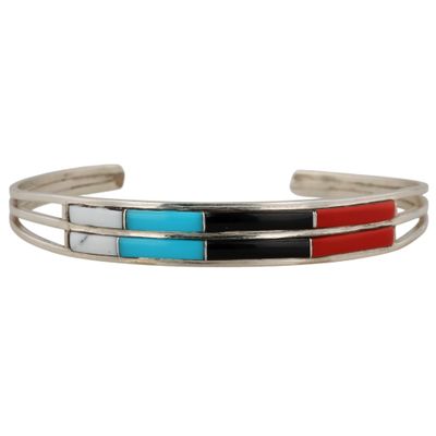 Sale Photo Thumbnail #581: Jamie Johnson Navajo Sterling Multi-Stone Inlay Row Cuff Bracelet