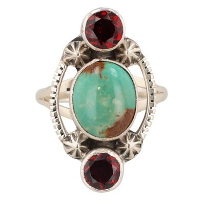 Sale Photo Thumbnail #416: Running Bear Shop Sterling Turquoise Garnet Ring Sz 8.5