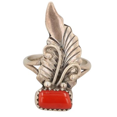 Sale Photo Thumbnail #404: Max Calabaza Navajo Sterling Coral Ring Sz 5.25