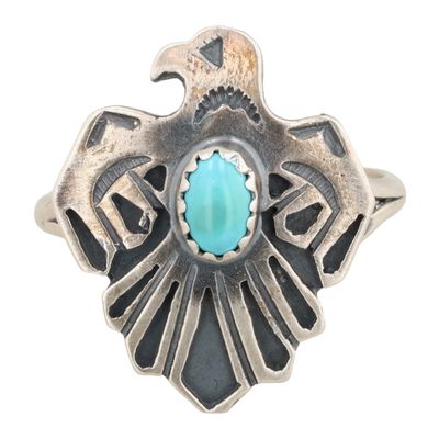 Sale Photo Thumbnail #371: Robert Martinez Navajo Sterling Kingman Turquoise Thunderbird Ring Sz 10