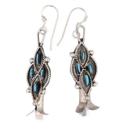 Sale Photo Thumbnail #2: Lerna Mahkee Zuni Sterling Kingman Turquoise Needlepoint Squash Blossom Earrings