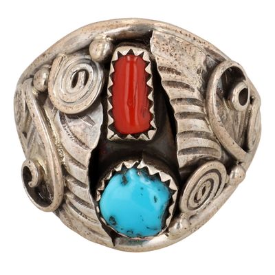 Sale Photo Thumbnail #540: Lorena Brown Navajo Sterling Coral Turquoise Ring Sz 11