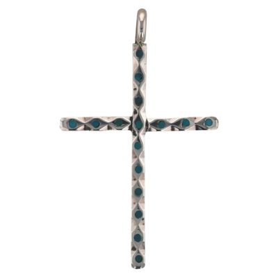 Sale Photo Thumbnail #79: Gilbert Weebothee Zuni Sterling Turquoise Inlay Cross Pendant