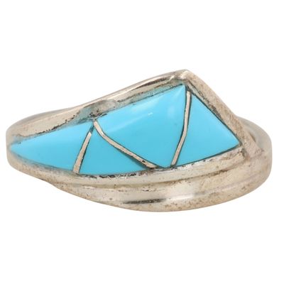 Sale Photo Thumbnail #395: Phyllis Lucio Zuni Sterling Kingman Turquoise Inlay Ring Sz 6.5