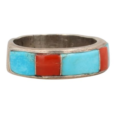 Sale Photo Thumbnail #423: Victor Thompson Navajo Sterling Turquoise Coral Inlay Ring Sz 6.25