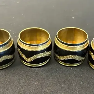 Set of 6 Vintage Indian Brass & Black Enamel Floral Napkin Rings