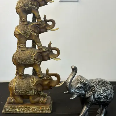 Lot of 2 Decorative Elephant Figurines - Stacked Tower & Cast Metal Accent