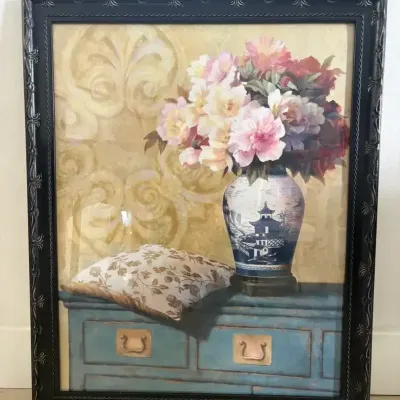 Framed Floral Still Life Artwork – Flowers in Blue & White Vase